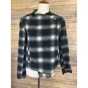 BB Dakota Small  Womens Plaid Button Closure Jacket Black Blue Raw Hems